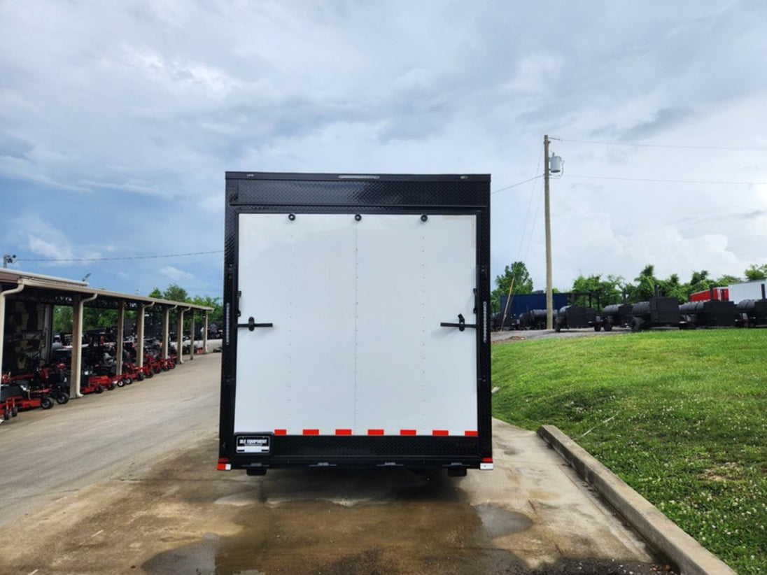 8.5x42 White With Black Out Trim Gooseneck King Pin Fifth Wheel Enclosed Trailer (3) 8K Rear 