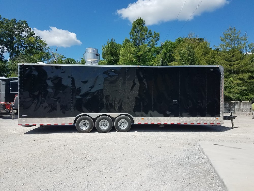 8.5' x 30'  Black Flat Nose w/ Header Cap Concession Food Trailer