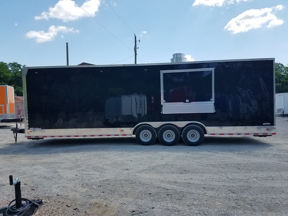 8.5' x 30'  Black Flat Nose w/ Header Cap Concession Food Trailer