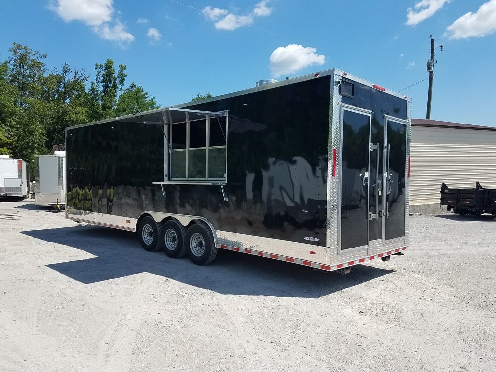 8.5' x 30'  Black Flat Nose w/ Header Cap Concession Food Trailer