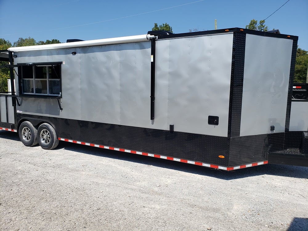 8.5 x 30 Silver Porch Style Concession Food Trailer