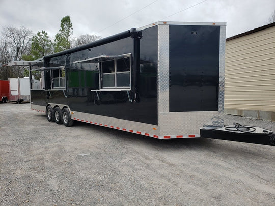 8.5' x 32' Black Porch Style Concession Food Trailer