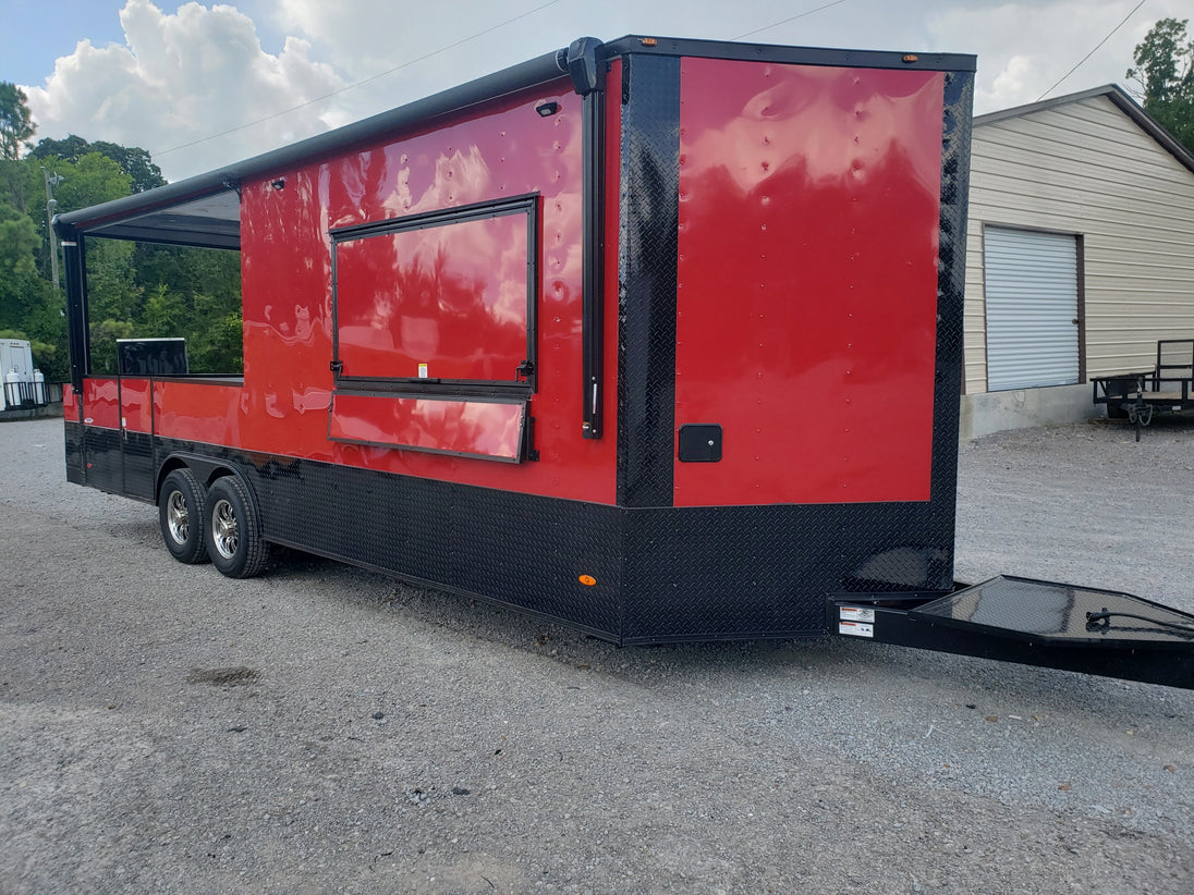 8.5' x 24' Victory Red Porch Style BBQ Vending Concession Trailer