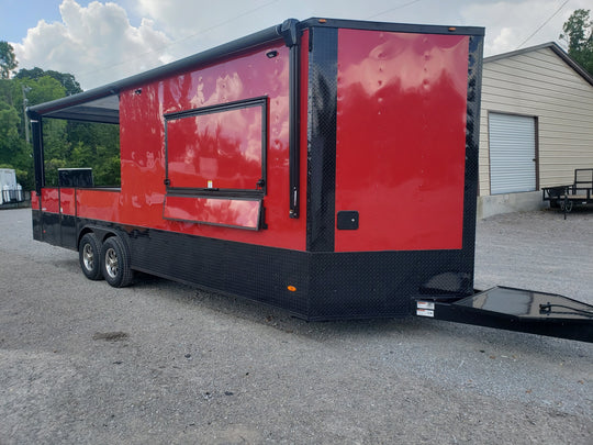 8.5' x 24' Victory Red Porch Style BBQ Vending Concession Trailer