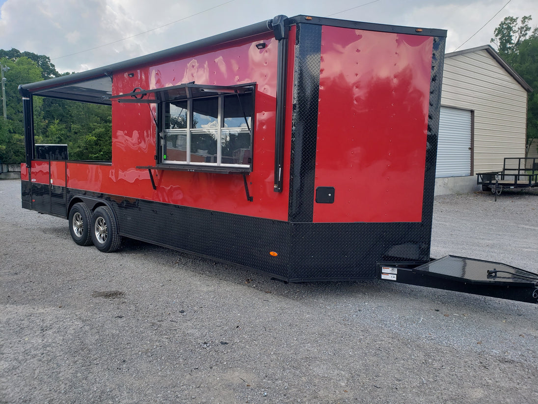 8.5' x 24' Victory Red Porch Style BBQ Vending Concession Trailer