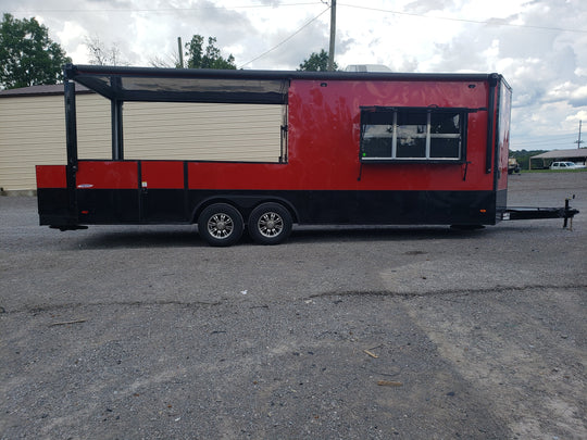 8.5' x 24' Victory Red Porch Style BBQ Vending Concession Trailer