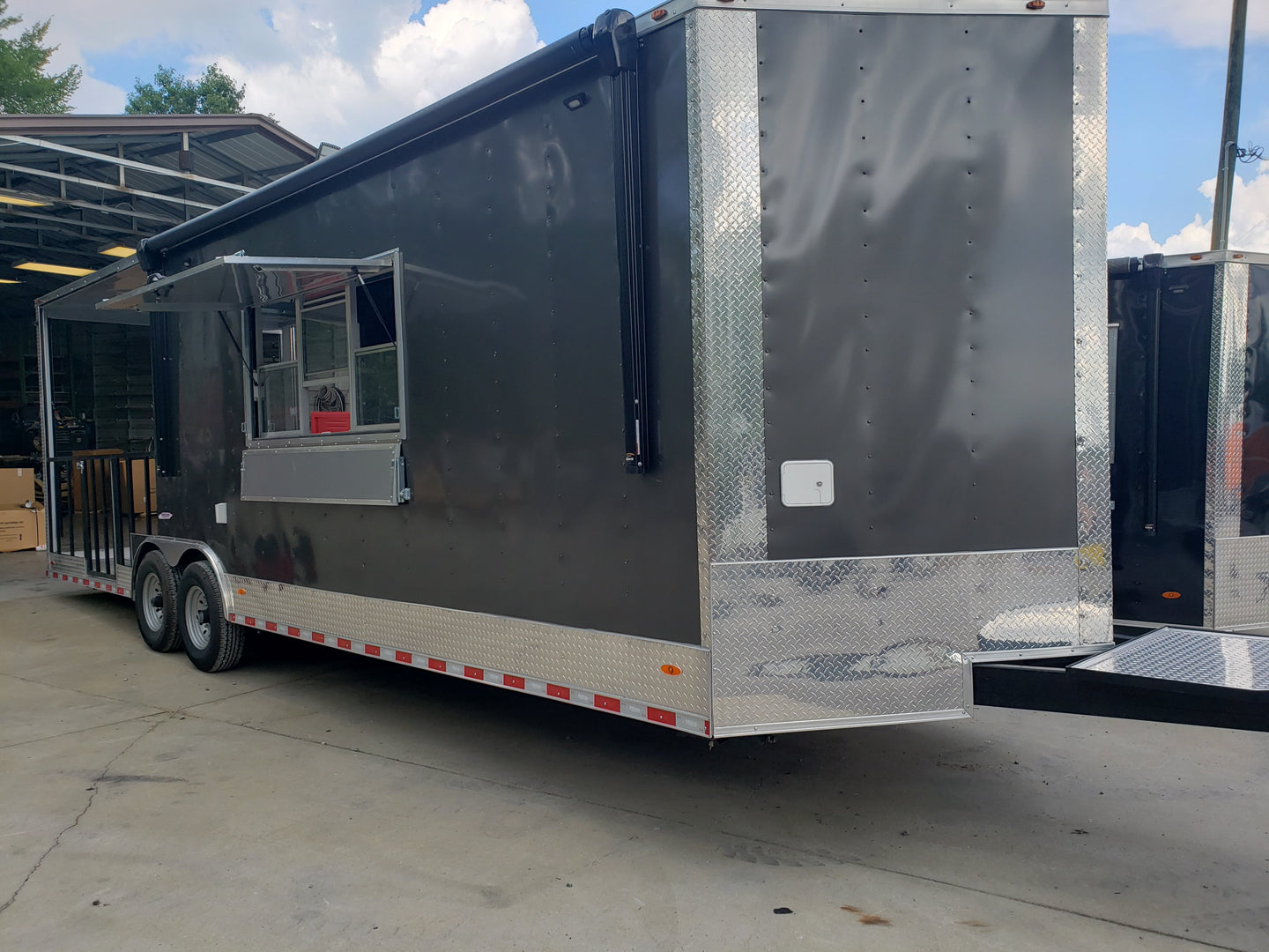 8.5' x 28' Charcoal Gray Porch Style Concession Trailer with Restroom