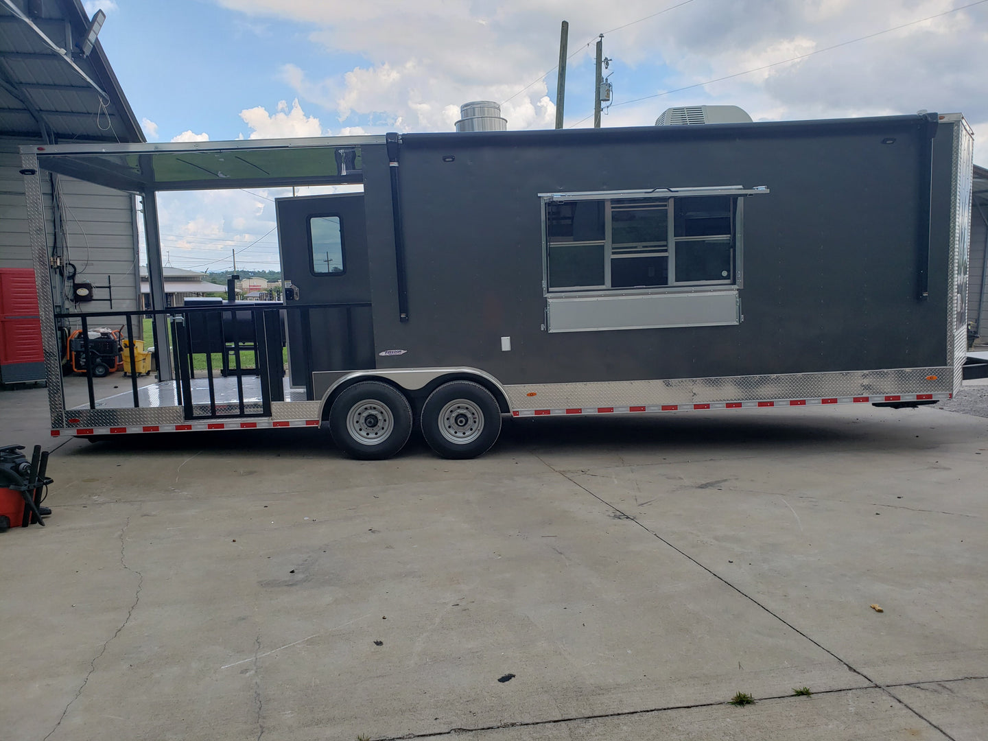 8.5' x 28' Charcoal Gray Porch Style Concession Trailer with Restroom