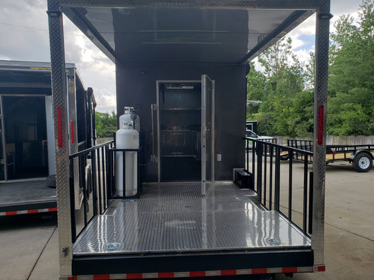 8.5' x 28' Charcoal Gray Porch Style Concession Trailer with Restroom