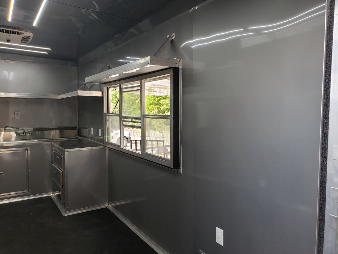 8.5' x 28' Charcoal Gray Porch Style Concession Trailer with Restroom