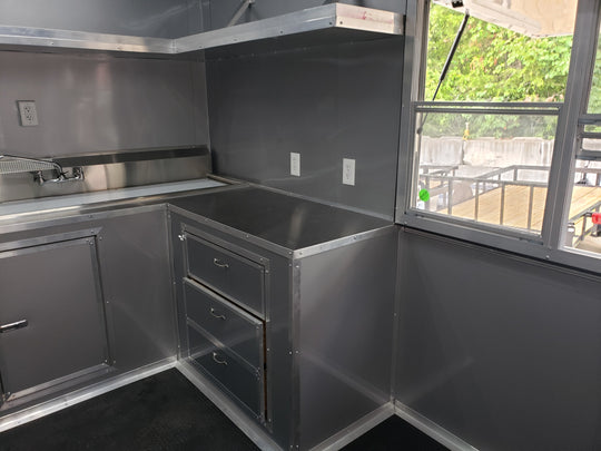 8.5' x 28' Charcoal Gray Porch Style Concession Trailer with Restroom