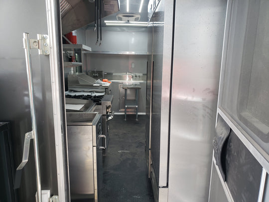 8.5' x 28' Charcoal Gray Porch Style Concession Trailer with Restroom