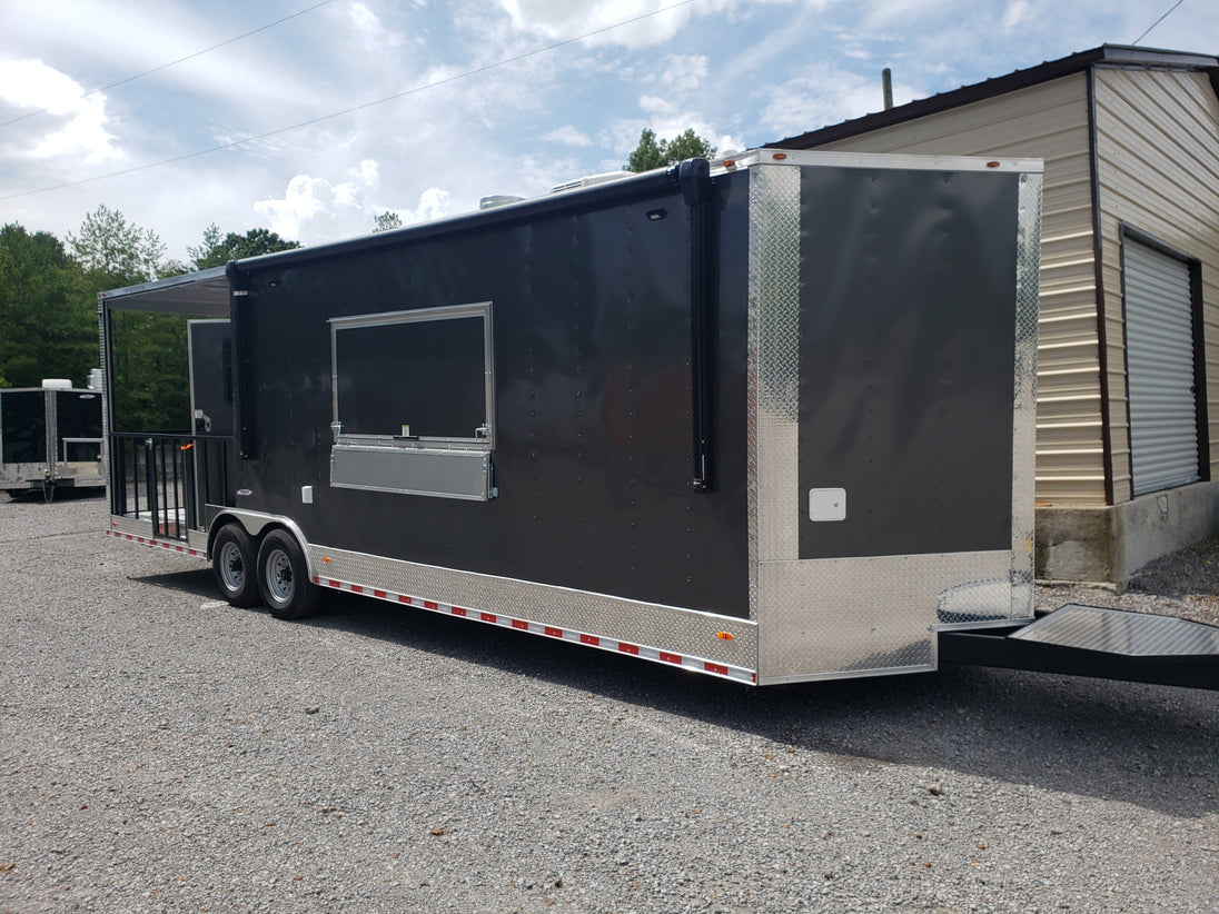 8.5' x 28' Charcoal Gray Porch Style Concession Trailer with Restroom