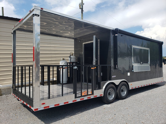 8.5' x 28' Charcoal Gray Porch Style Concession Trailer with Restroom