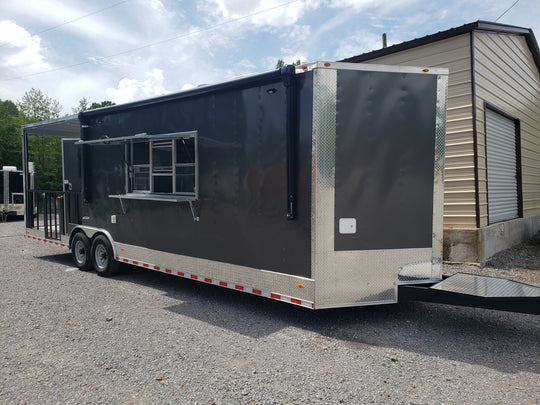 8.5' x 28' Charcoal Gray Porch Style Concession Trailer with Restroom