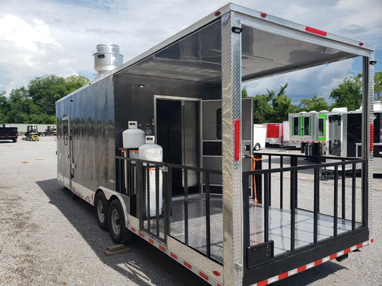 8.5' x 28' Charcoal Gray Porch Style Concession Trailer with Restroom