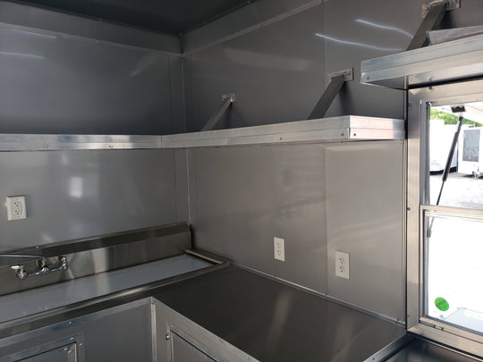 8.5' x 28' Charcoal Gray Porch Style Concession Trailer with Restroom