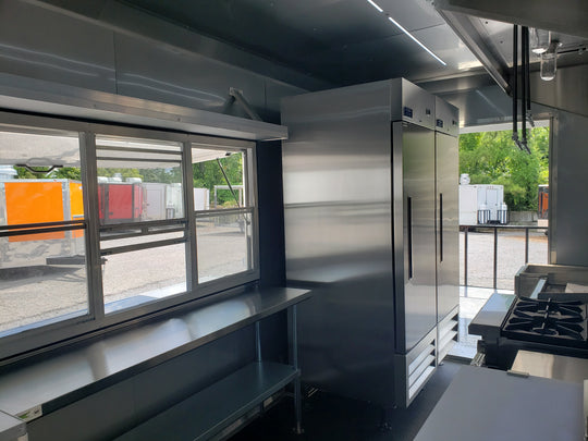 8.5' x 28' Charcoal Gray Porch Style Concession Trailer with Restroom