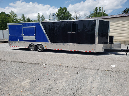 8.5' x 30' Black and Cobalt Blue Porch Style Concession Trailer