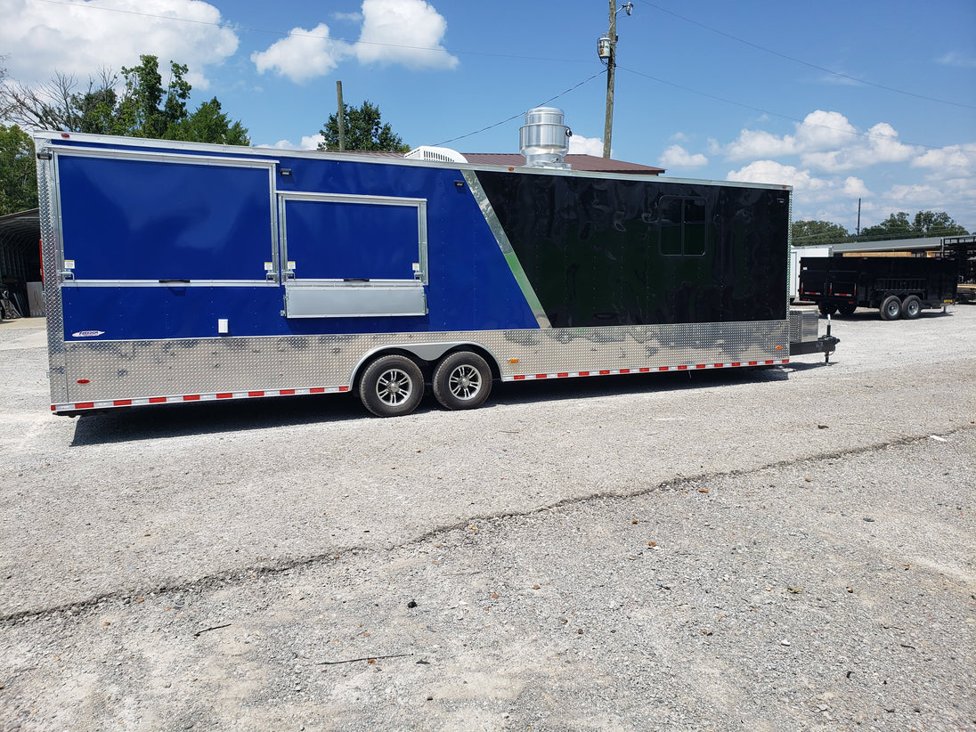 8.5' x 30' Black and Cobalt Blue Porch Style Concession Trailer