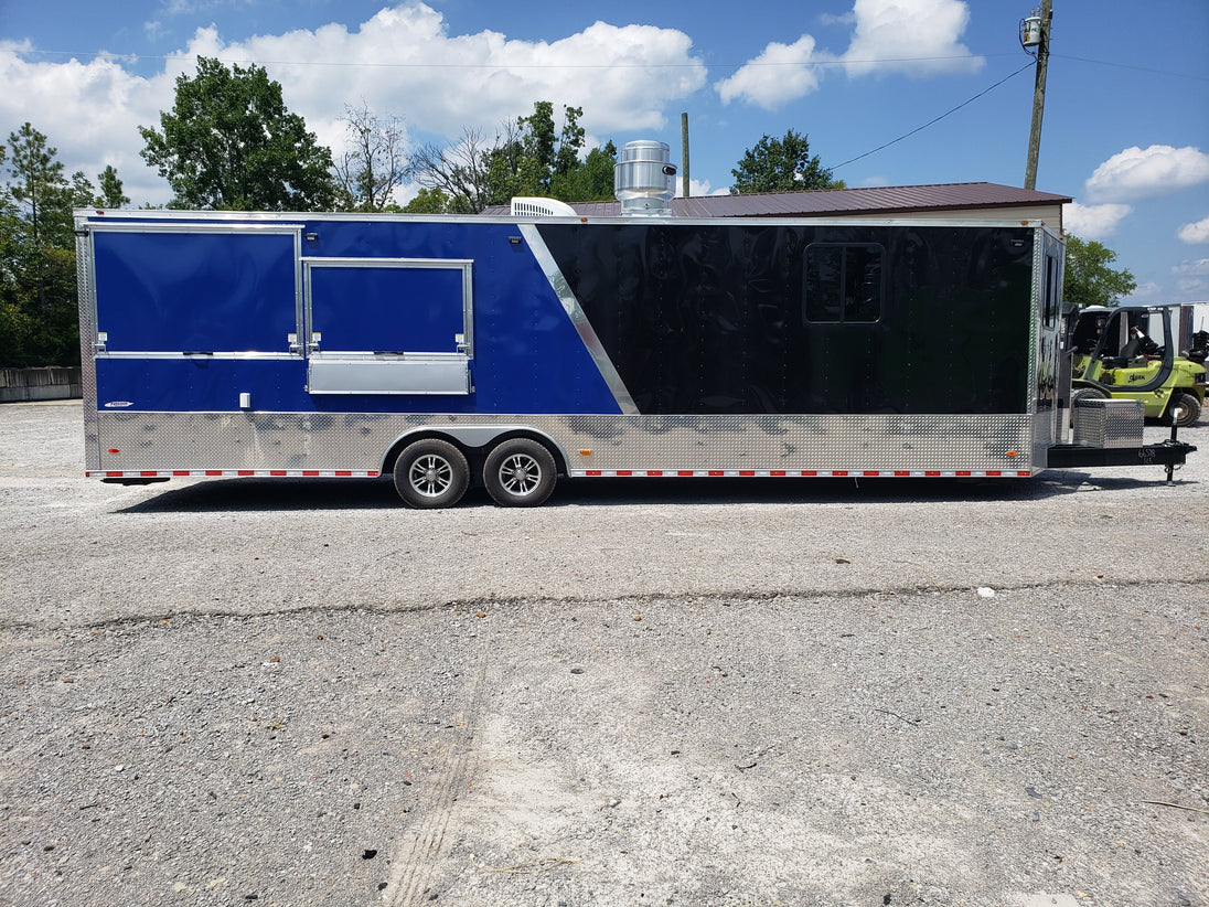 8.5' x 30' Black and Cobalt Blue Porch Style Concession Trailer