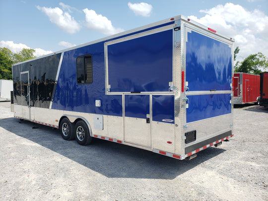 8.5' x 30' Black and Cobalt Blue Porch Style Concession Trailer