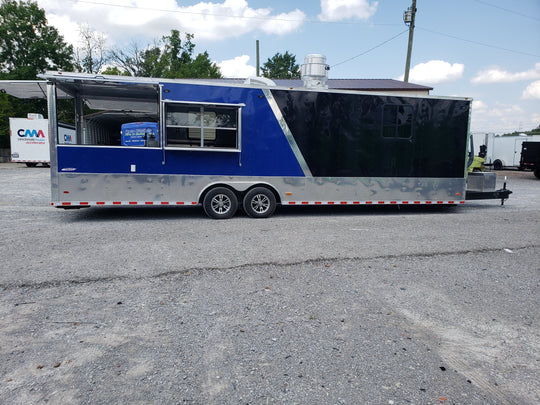 8.5' x 30' Black and Cobalt Blue Porch Style Concession Trailer