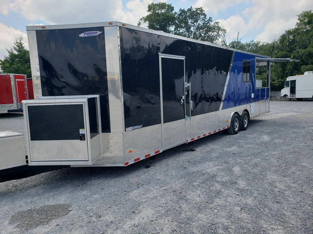 8.5' x 30' Black and Cobalt Blue Porch Style Concession Trailer