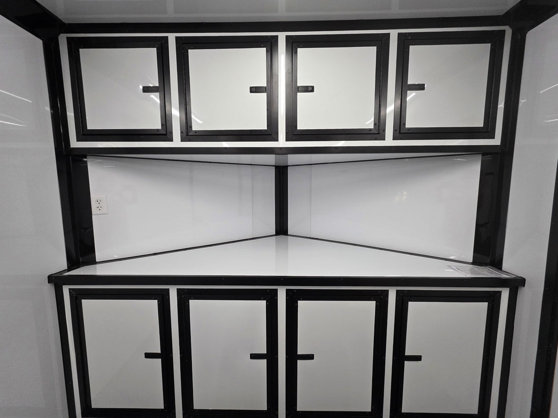 8.5x28 Enclosed Trailer Fully Loaded V Nose 30 Amp Elec. (2) 7,000LB Axle 14K GVWR Front Cabinets