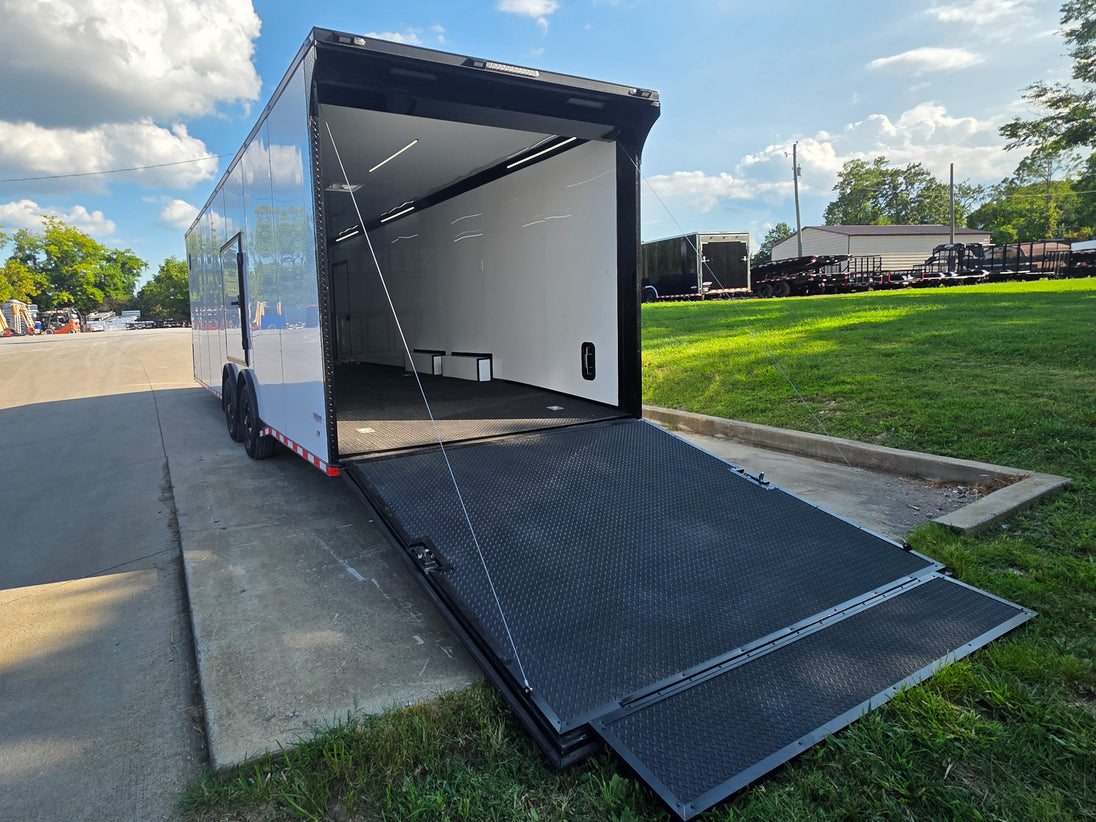 8.5x28 Enclosed Trailer Fully Loaded V Nose 30 Amp Elec. (2) 7,000LB Axle 14K GVWR Left Rear Open Ramp