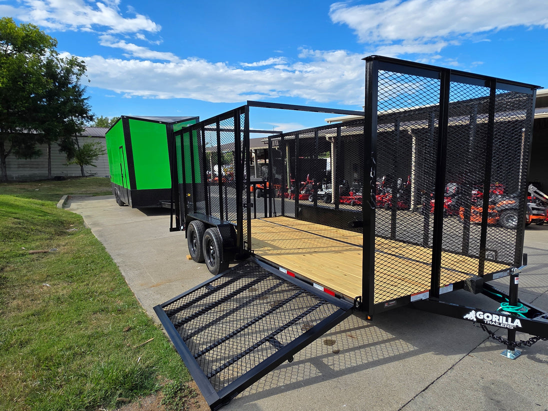 7x18 Dovetail Debris Utility Trailer w/ Side Gate 6 Foot Mesh sides (2) 3,500lb Axles 7K GVWR Right Front Gate Down