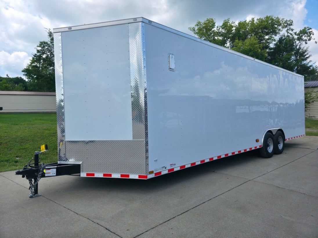 8.5x28 V Nose White Enclosed Trailer 7,000lb Axles Silver ATP Front Left