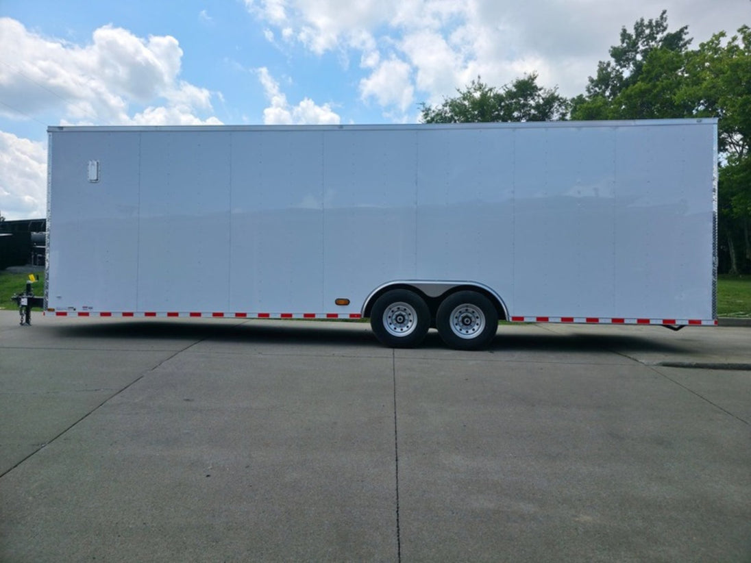 8.5x28 V Nose White Enclosed Trailer 7,000lb Axles Silver ATP Left Side