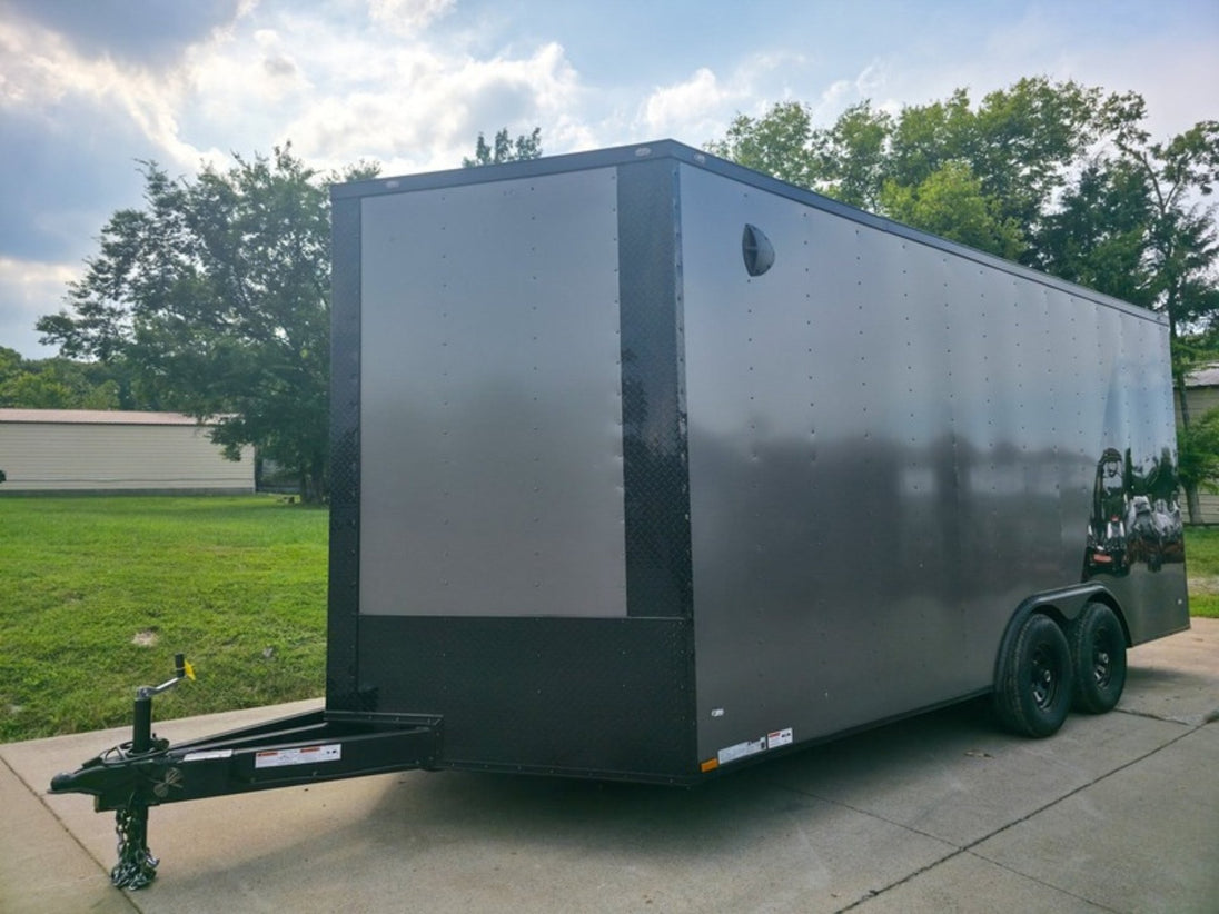 8.5 x 18 Charcoal/Black Enclosed Trailer with Blackout and (2) Heavy-Duty 5,200lb Axles Font Left