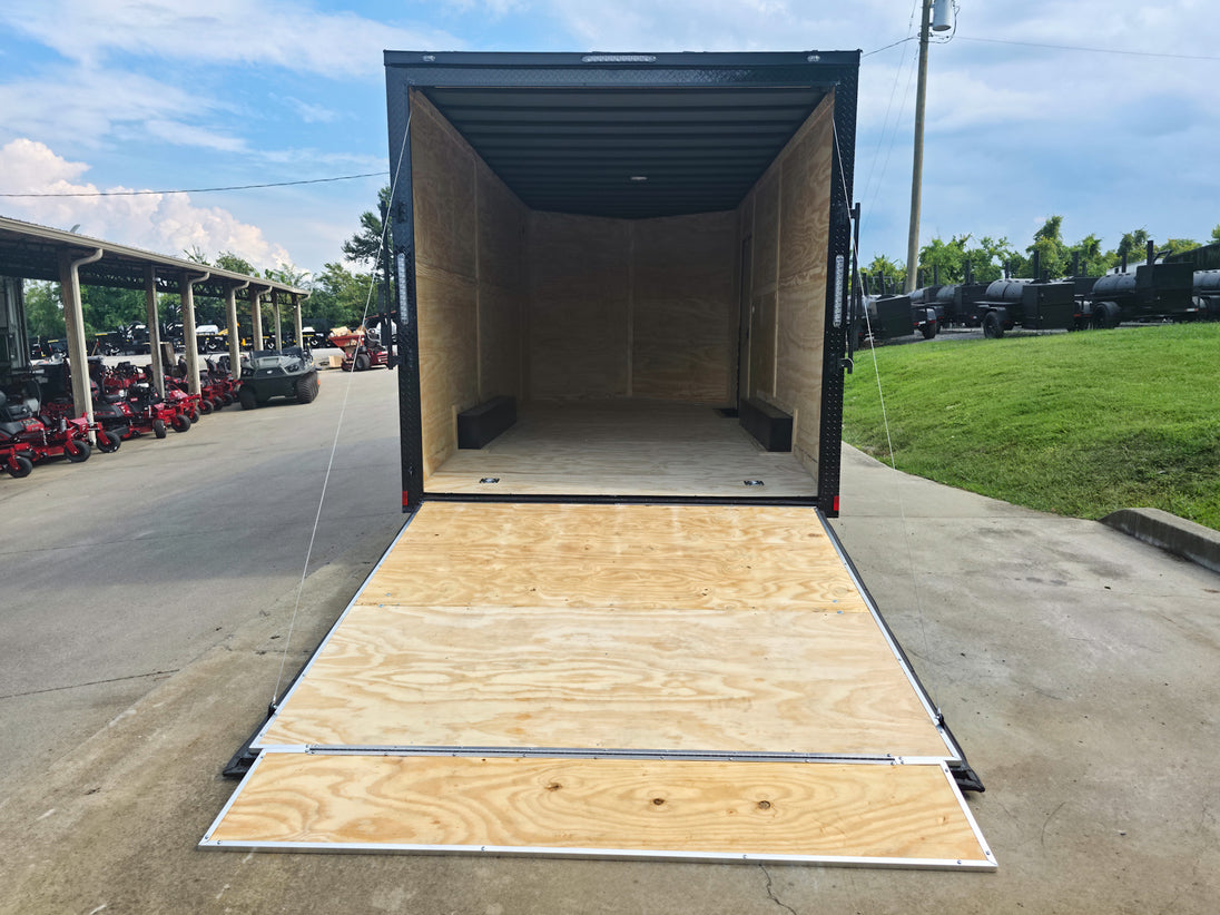 8.5 x 18 Charcoal/Black Enclosed Trailer with Blackout and (2) Heavy-Duty 5,200lb Axles Rear Ramp Open
