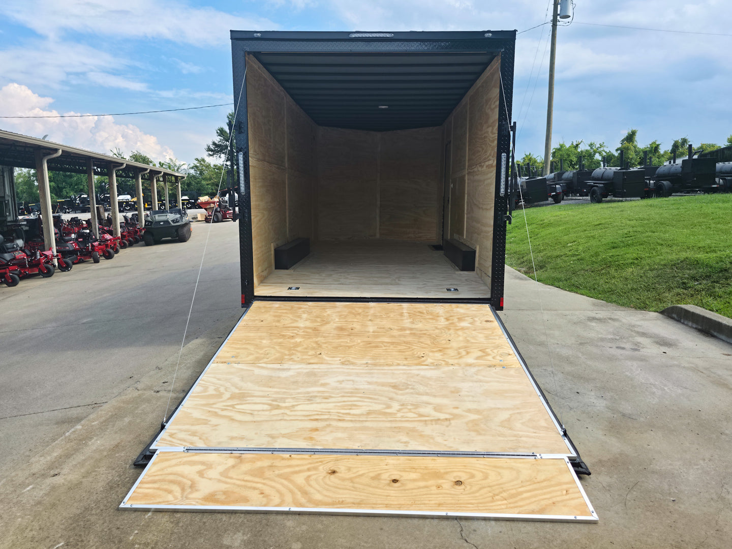 8.5 x 18 Charcoal/Black Enclosed Trailer with Blackout and (2) Heavy-Duty 5,200lb Axles Rear Ramp Open