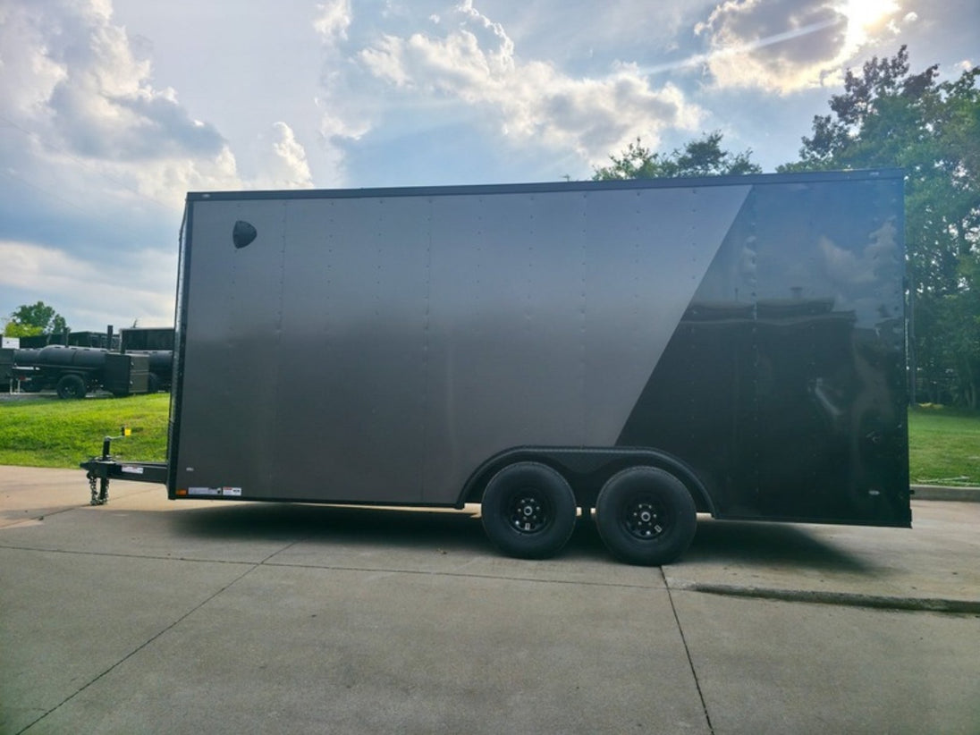 8.5 x 18 Charcoal/Black Enclosed Trailer with Blackout and (2) Heavy-Duty 5,200lb Axles Left Side