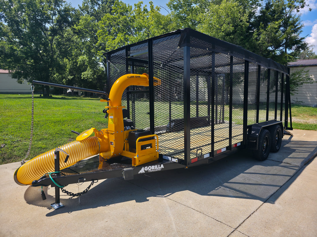 6.4x16 Leaf Clean Up Cage Debris Trailer with 21HP Loader 7K GVWR Front Left