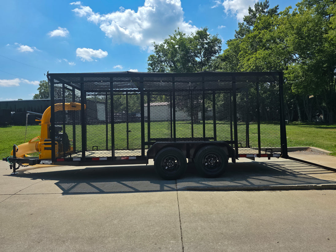 6.4x16 Leaf Clean Up Cage Debris Trailer with 21HP Loader 7K GVWR Left Side Gate Down