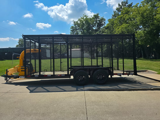 6.4x16 Leaf Clean Up Cage Debris Trailer with 21HP Loader 7K GVWR Left Side Gate Down