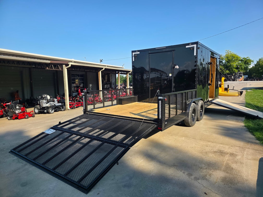 8.5x20 Enclosed Hybrid Black with Black Trim (2) 5200LB Axles Right Rear Gate Down/ Ramp Down
