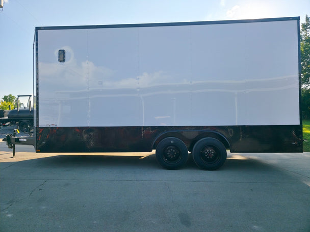 8.5x20 White V-Nose Enclosed Trailer with Blackout Pkg 9' Interior (2) 10,000LB Axles Left Side
