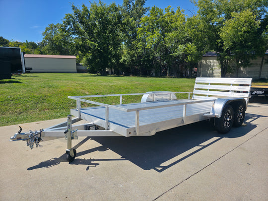 Used 6.4' x 16' All Aluminum Utility Trailer Dual Axle Straight Deck 7K GVWR Front Left