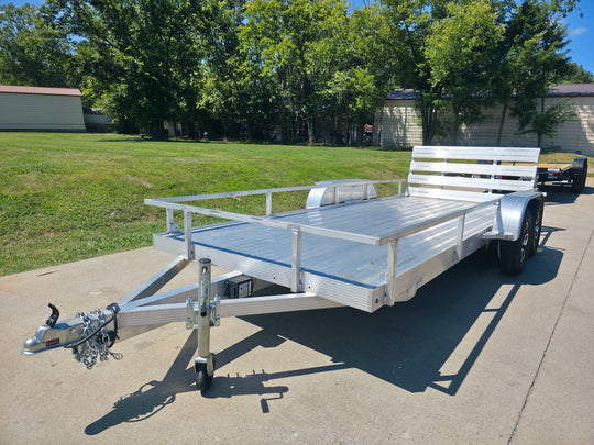 Used 6.4' x 16' All Aluminum Utility Trailer Dual Axle Straight Deck 7K GVWR Front Left
