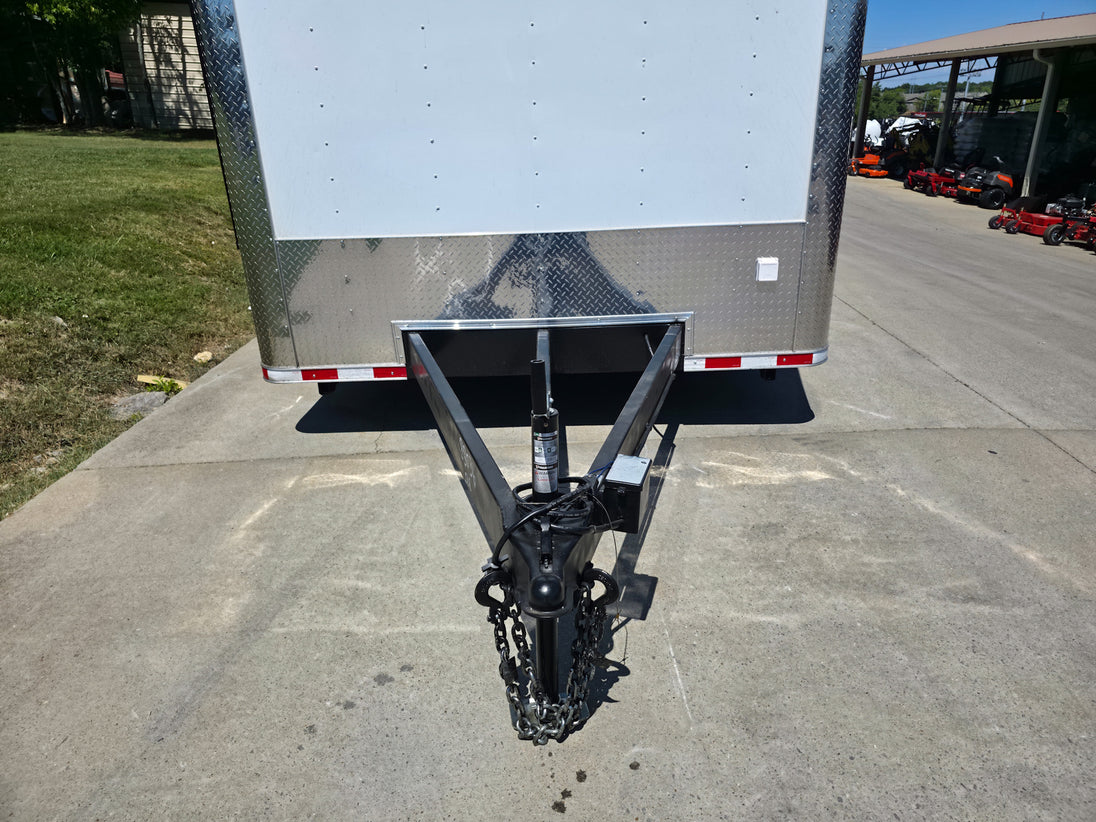 8.5x28 Flat Nose White Enclosed Trailer Roll Out Awning with AC Unit (2) 5,200LB Axles Jack