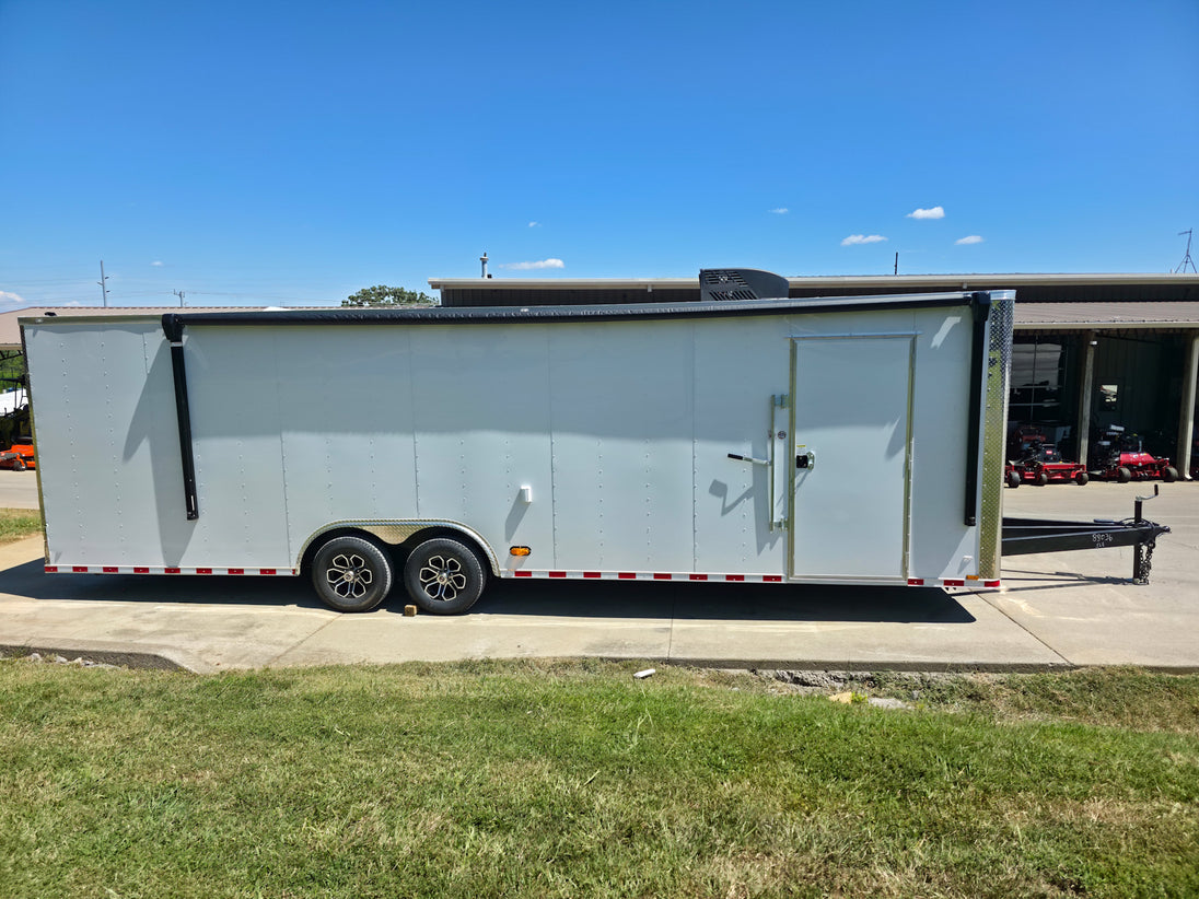 8.5x28 Flat Nose White Enclosed Trailer Roll Out Awning with AC Unit (2) 5,200LB Axles Right Side