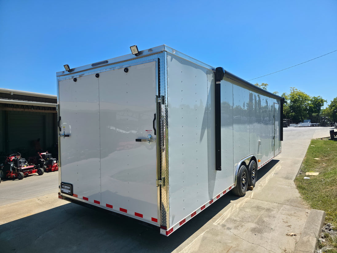 8.5x28 Flat Nose White Enclosed Trailer Roll Out Awning with AC Unit (2) 5,200LB Axles Right Rear
