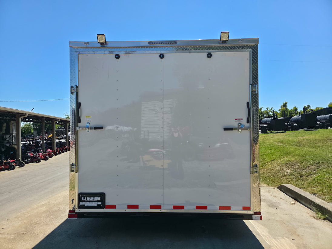 8.5x28 Flat Nose White Enclosed Trailer Roll Out Awning with AC Unit (2) 5,200LB Axles Rear