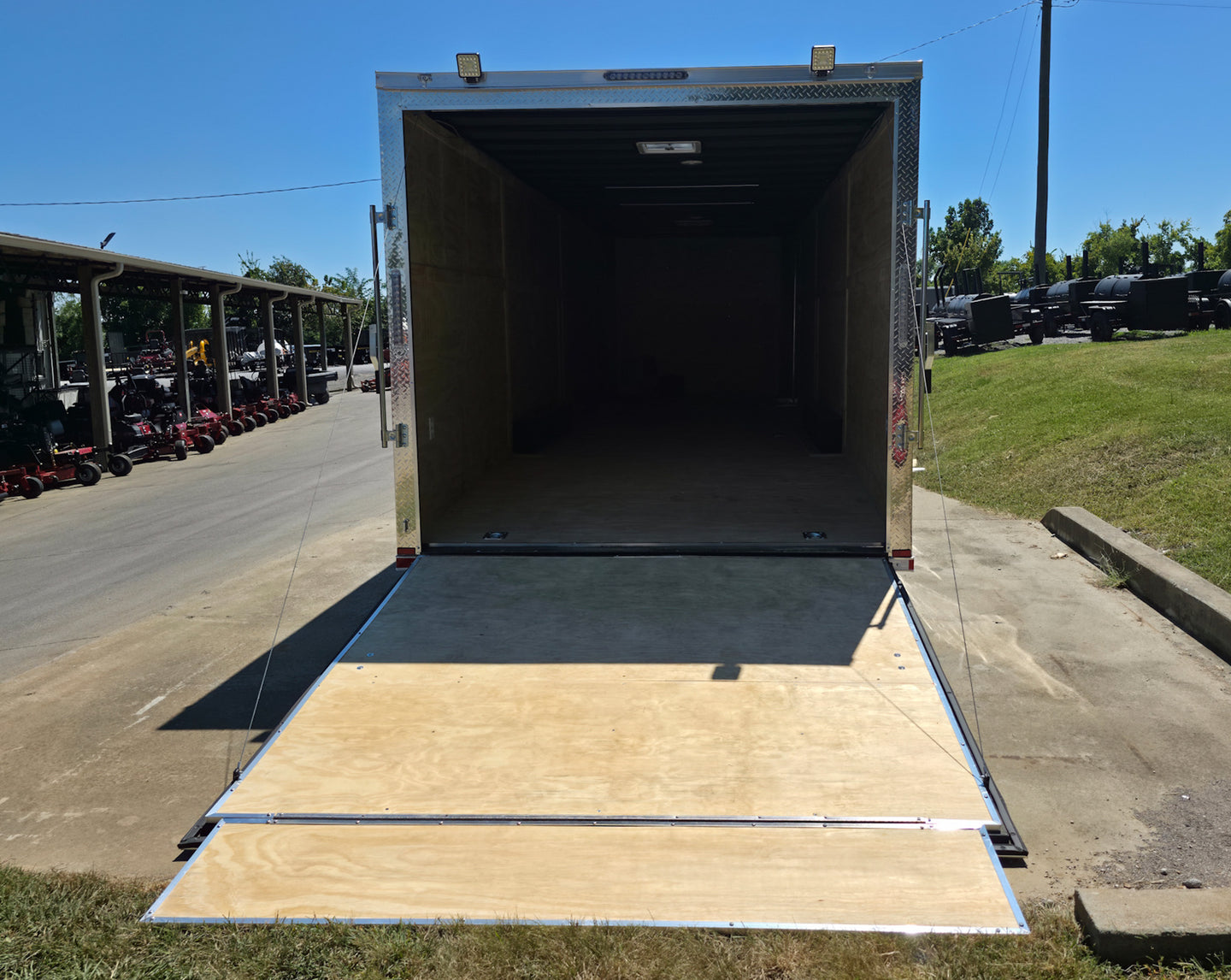 8.5x28 Flat Nose White Enclosed Trailer Roll Out Awning with AC Unit (2) 5,200LB Axles Rear Ramp Down