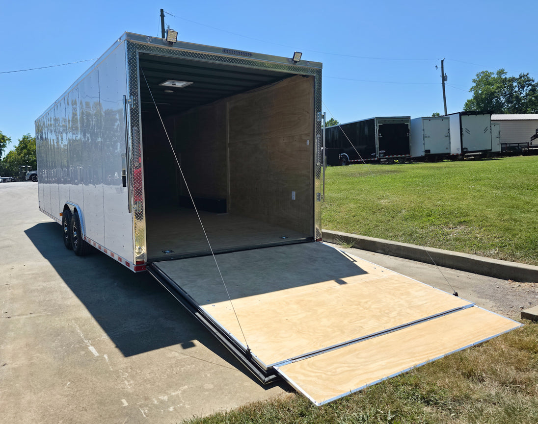 8.5x28 Flat Nose White Enclosed Trailer Roll Out Awning with AC Unit (2) 5,200LB Axles Left Rear Ramp Down